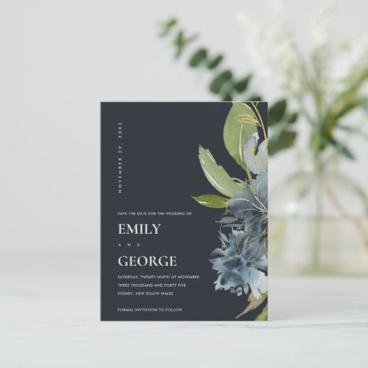 青色金ゴールドネイビーフローラ水色保存日付 案内ポストカード (スタンド正面)