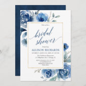 青色金ゴールドフローラエレガント牡丹ブライダルシャワー 招待状 (正面/裏面)