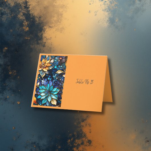 青色金ゴールドフローラステンドグラスエレガントテーブルカード サンキューカード