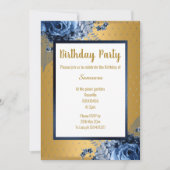 青色金ゴールドフローラフルプリントすべての行事誕生日 招待状 (正面)