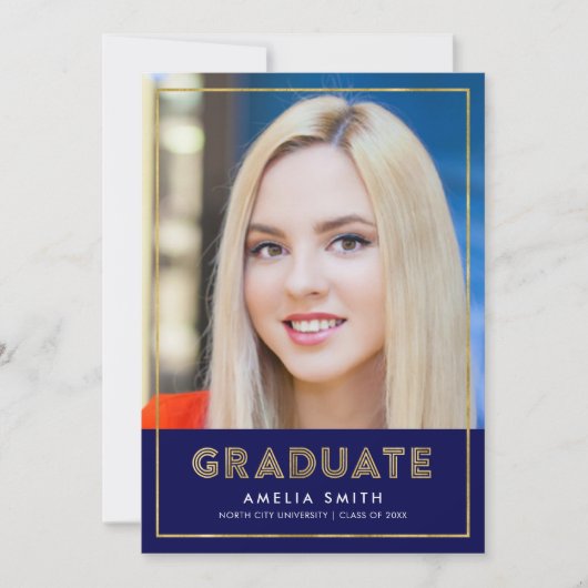 青色金ゴールド幾何学写真卒業のお知らせ 案内状 (正面)