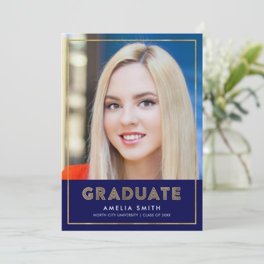 青色金ゴールド幾何学写真卒業のお知らせ 案内状 (スタンド正面)