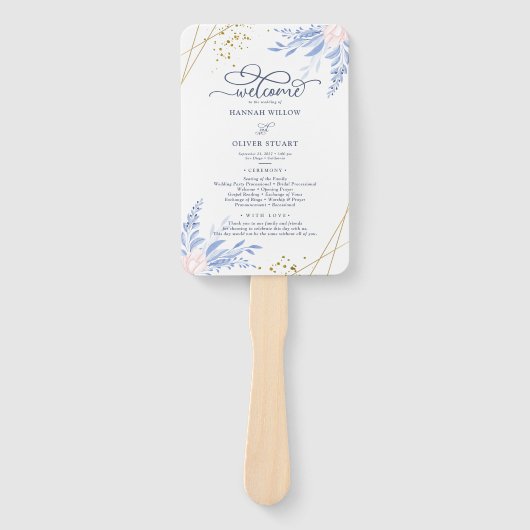 青色金ゴールド幾何学的ピンク色フローラ結婚式 プログラム ハンドファン (正面)