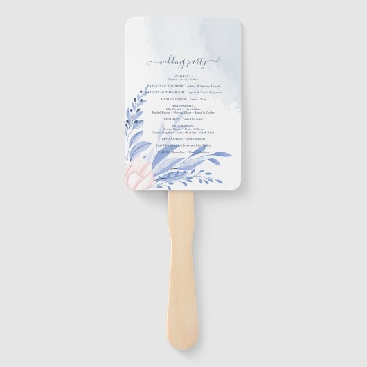 青色金ゴールド幾何学的ピンク色フローラ結婚式 プログラム ハンドファン (裏面)