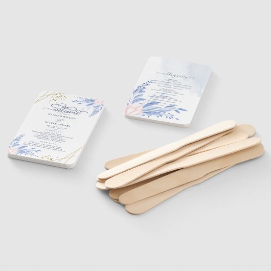 青色金ゴールド幾何学的ピンク色フローラ結婚式 プログラム ハンドファン (組立なし)