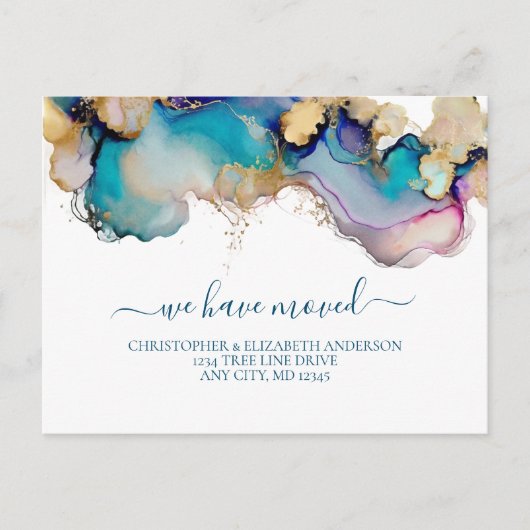 青色金ゴールド水彩洗浄スプラッシュ抽象芸術移動 案内ポストカード (正面)