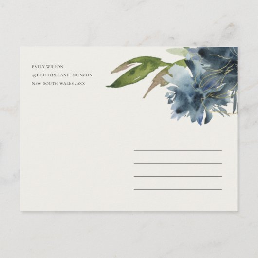 青色金ゴールド緑色フローラ水色保存日付 案内ポストカード (裏面)