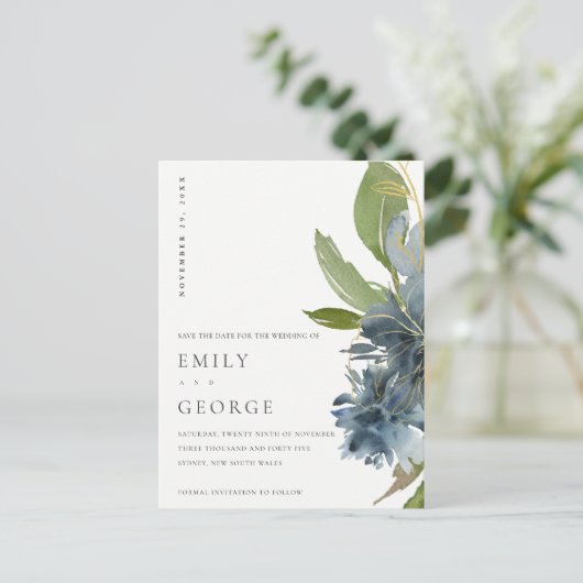 青色金ゴールド緑色フローラ水色保存日付 案内ポストカード (スタンド正面)