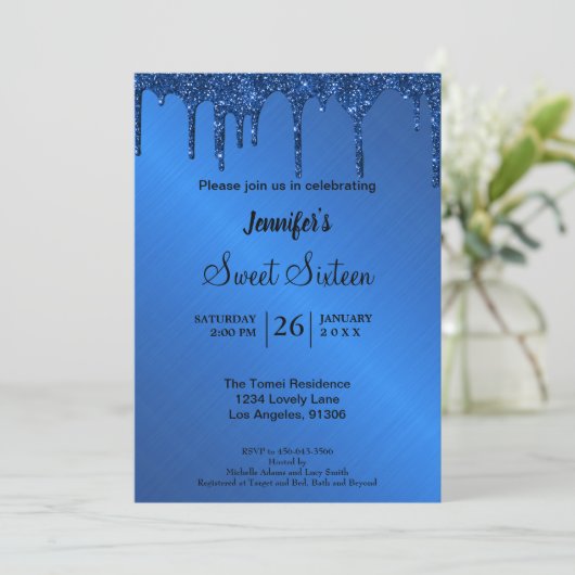 青色金属グリッターSweet sixteen招待状 招待状 (スタンド正面)