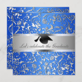 青色銀花柄ブラック卒業帽子 招待状 (正面/裏面)