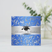 青色銀花柄ブラック卒業帽子 招待状 (スタンド正面)