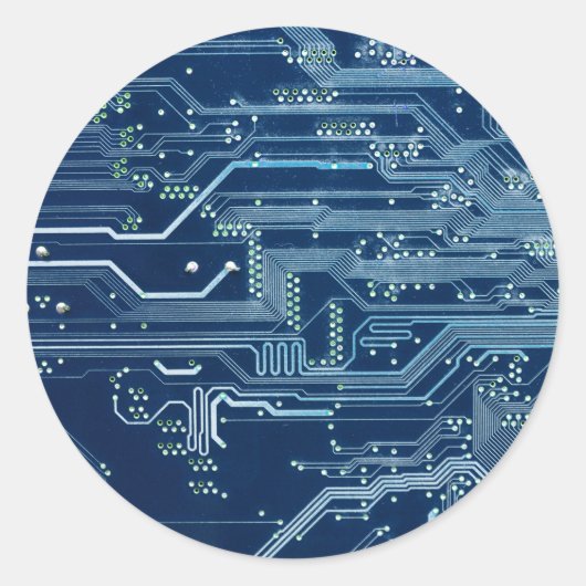 青色電子回路基板コンピュータパターン ラウンドシール (正面)
