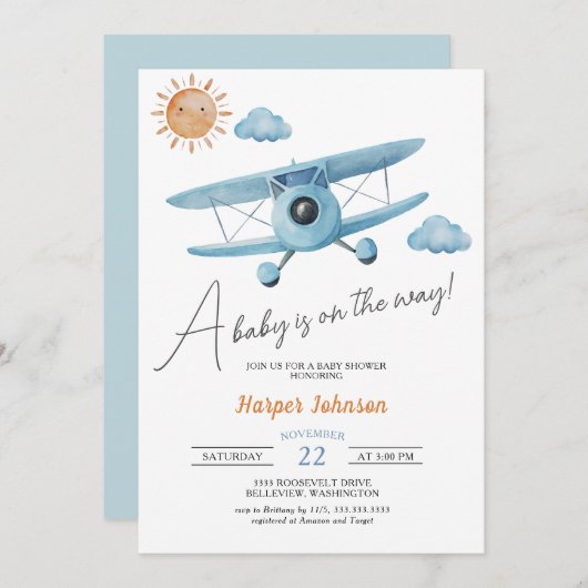 青色飛行機ベビーシャワー招待状 招待状 (正面/裏面)
