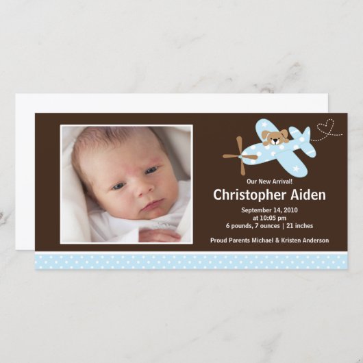 青色飛行機男の赤ちゃん誕生発表 案内状 (正面/裏面)