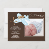 青色飛行機男の赤ちゃん誕生発表 案内状 (正面)