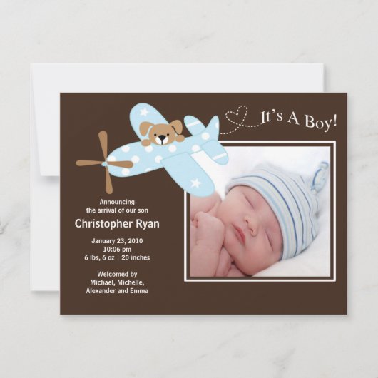 青色飛行機男の赤ちゃん誕生発表 案内状 (正面)