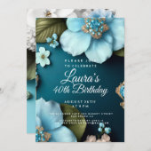 青花緑葉金ゴールドグリッター誕生日 招待状 (正面/裏面)