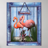 青芸術品を気取った木のテクスチャ上のピンクの花 ポスター (正面)