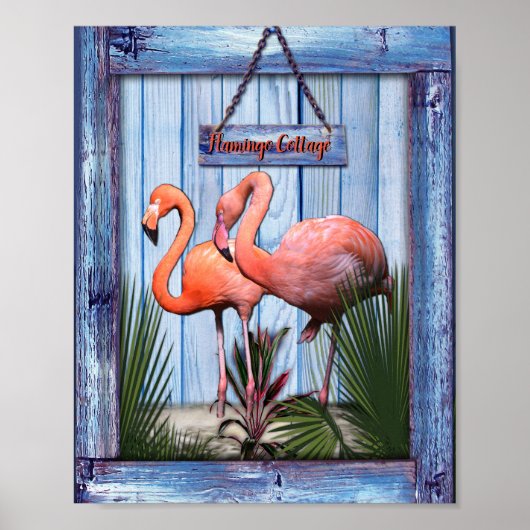 青芸術品を気取った木のテクスチャ上のピンクの花 ポスター (正面)