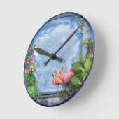 青芸術品を気取った木のテクスチャ上のピンクの花 ラウンド壁時計 (傾斜)