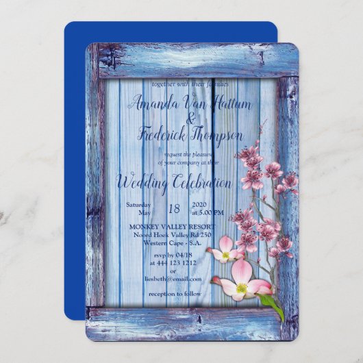 青芸術品を気取った木のテクスチャ上のピンクの花 招待状 (正面/裏面)