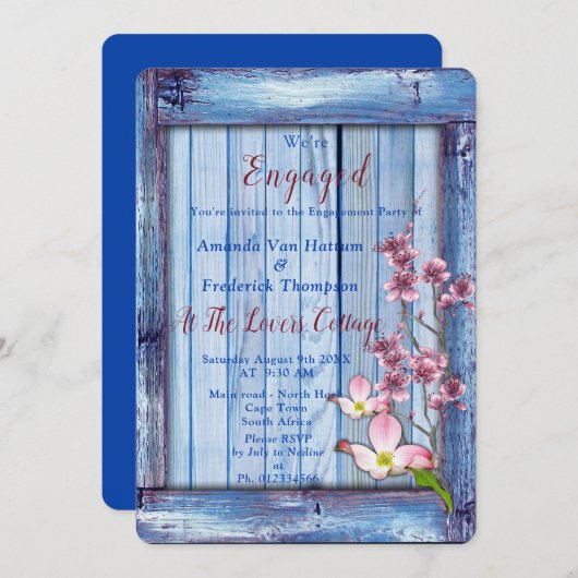 青芸術品を気取った木のテクスチャ上のピンクの花 招待状 (正面/裏面)