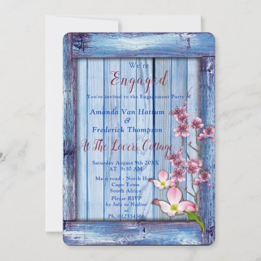 青芸術品を気取った木のテクスチャ上のピンクの花 招待状 (正面)