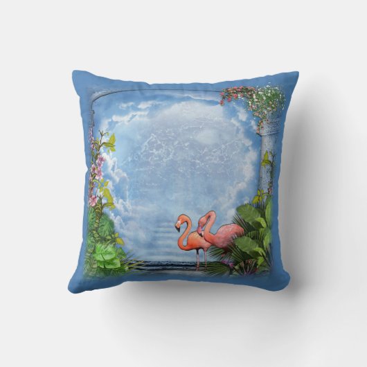 青芸術品を気取った木 – 布地のテクスチャ上のピンクの花 クッション (裏面)