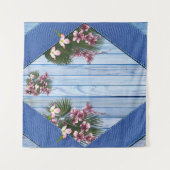 青芸術品を気取った木 – 布地のテクスチャ上のピンクの花 タペストリー (正面(横))