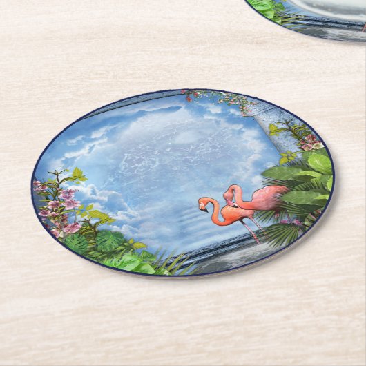 青芸術品を気取った木 – 布地のテクスチャ上のピンクの花 ラウンドペーパーコースター (アングル)