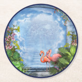 青芸術品を気取った木 – 布地のテクスチャ上のピンクの花 ラウンドペーパーコースター (正面)