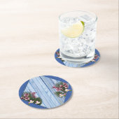 青芸術品を気取った木 – 布地のテクスチャ上のピンクの花 ラウンドペーパーコースター (インサイチュ)