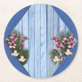 青芸術品を気取った木 – 布地のテクスチャ上のピンクの花 ラウンドペーパーコースター (正面)