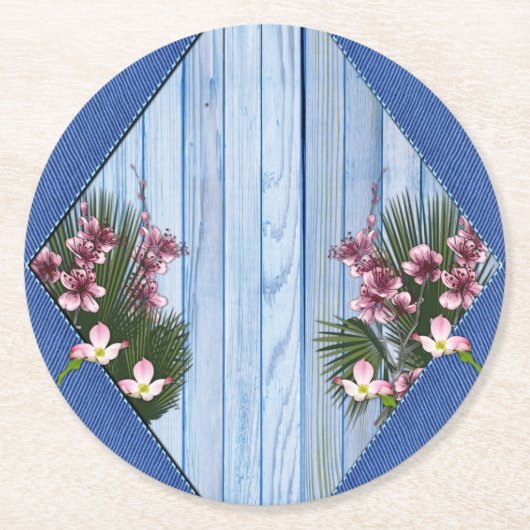 青芸術品を気取った木 – 布地のテクスチャ上のピンクの花 ラウンドペーパーコースター (正面)