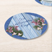 青芸術品を気取った木 – 布地のテクスチャ上のピンクの花 ラウンドペーパーコースター (アングル)