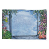 青芸術品を気取った木 – 布地のテクスチャ上のピンクの花 枕カバー (裏面)