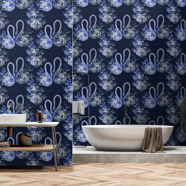 青芸術的スワン水彩手絵を描型 壁紙 (浴室)