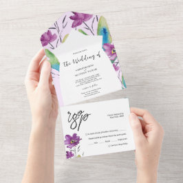 青芸術的紫ワイルドフラワーウォータカラー オールインワン招待状