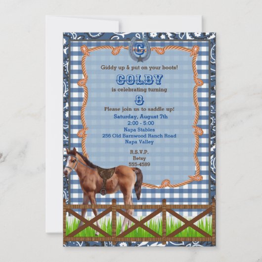 青茶色と茶色の西部風の馬の招待状 招待状 (正面)