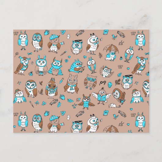 青茶色のかわいいフクロウの模様 ポストカード (正面)
