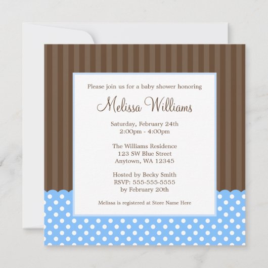 青茶色のコウノトリの点のボーイベビーシャワー 招待状 (裏面)