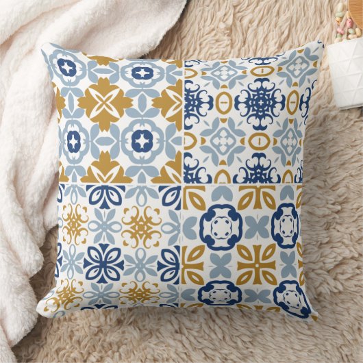 青茶色の白いポルトガルのタイル模様 クッション (ブランケット)