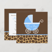 青茶色の馬車のキリン君のベビーシャワー 招待状 (正面/裏面)