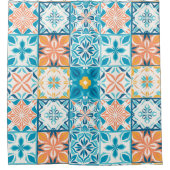 青華美色とオレンジ色のタイル シャワーカーテン (正面)