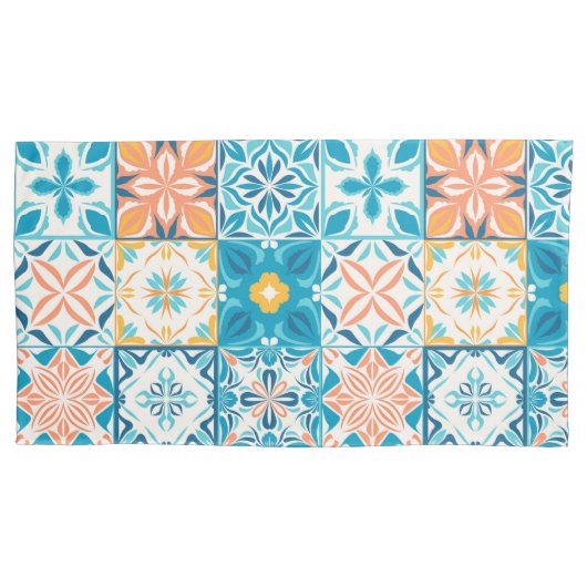 青華美色とオレンジ色のタイル 枕カバー (正面左)