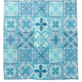 青華美色と白のタイル シャワーカーテン (正面)