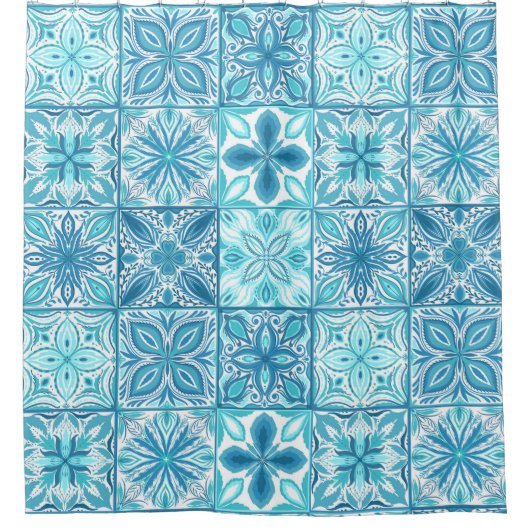 青華美色と白のタイル シャワーカーテン (正面)