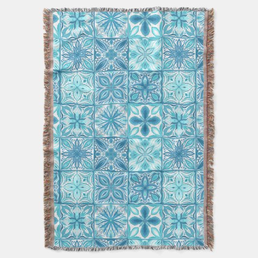 青華美色と白のタイル スローブランケット (正面縦)