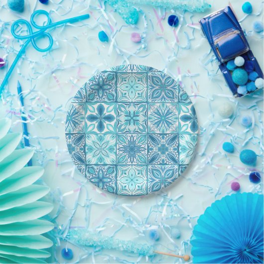 青華美色と白のタイル ペーパープレート (パーティー)