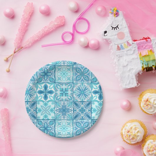 青華美色と白のタイル ペーパープレート (パーティー)